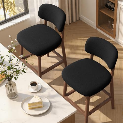 Image of Counter Height Bar Stools Set of 4, Mid-Century Modern Boucle Bar Chairs with Solid Wood Frame, Fluffy Upholstered Stools with Backrest for Kitchen Island, Home Bar, Charcoal Black
