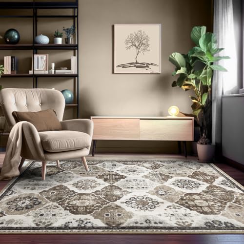 FLYRUGGO Area Rug, 5x7 Washable Boho Throw Rugs for Living Room, Moroccan Trellis Bohemian Ultra Soft Large Non-Slip Carpet for Bedroom - Gold Brown/Multi
