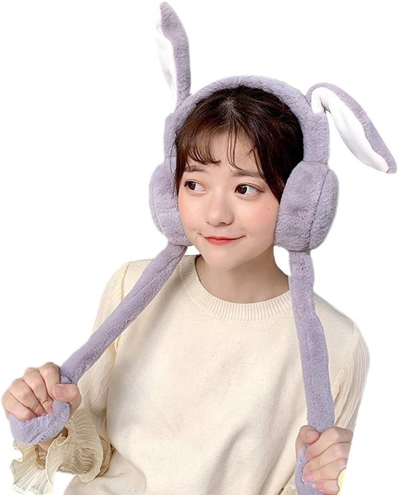 Women's Winter Plush Earwarmer Bunny Earmuffs with Moving Jumping Rabbit Ears Headbands Winter Ear Warmers for Women Girls