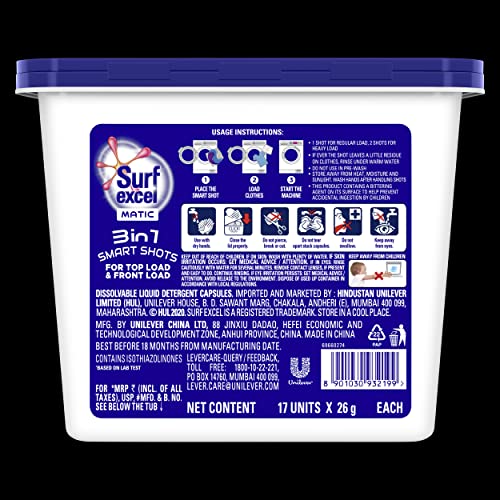 Image of Surf Excel Matic 3 in 1 Smart Shots 17 pcs, Fragrance + Care. 17 * 26g & Surf Excel Matic Top Load Liquid Detergent 1 L