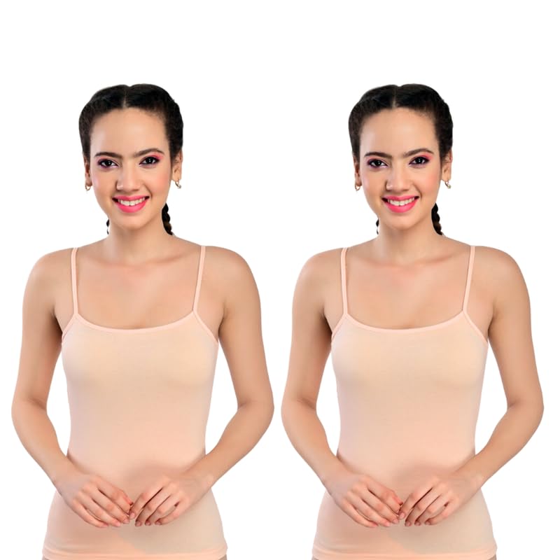 Comfort KSK Lifestyle Women's Regular Fit Stretch Fine Knitted Cotton Rib Spaghetti with Adjustable Straps | Slim Fit Slip/Tank Top (Peach)-image-2