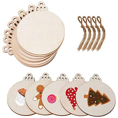 ABSOK 50 Pieces Wooden Round Bauble Blank Hanging Wood Pieces Christmas Tree Pendants Ornaments with Twines for Holiday Decoration and DIY Craft Making,Gift Tags & Hanging Decor Embellishments Cover