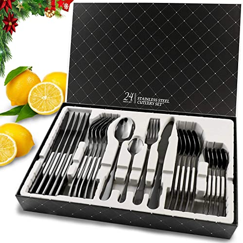 Black Cutlery Set, 24 Piece Stainless Steel Silverware