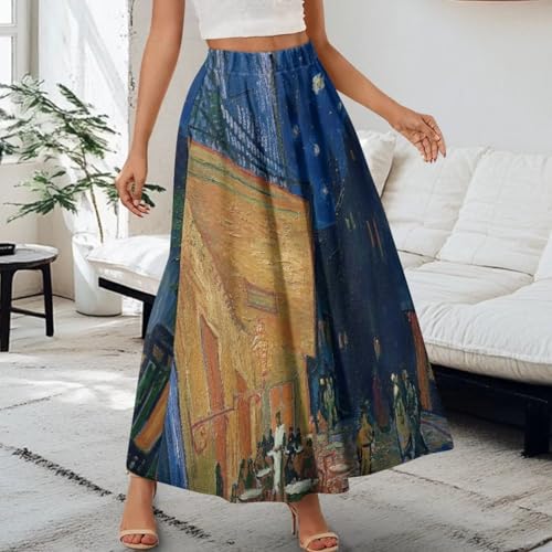Oil Painting Printed Women's Long Maxi Skirt Elegant Pleated High Waisted A-Link Long Maxi Skirt for Party, Work2