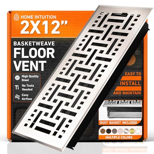 2X12 Floor Vent Covers Floor Register with Mesh Cover Trap, Heat and Air, Walkable Metal Floor Vent for HVAC Duct, Basketweave, Satin Nickel