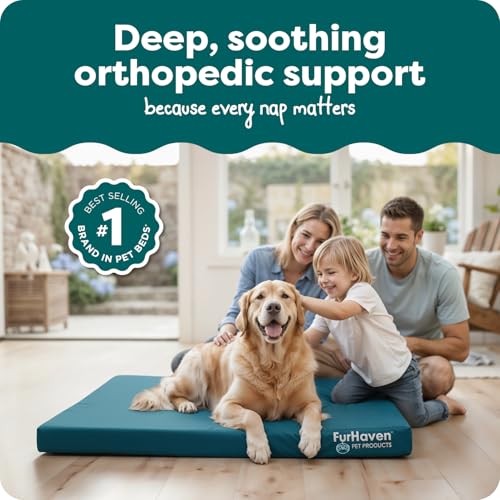 Image of FurHaven Water-Resistant Orthopedic Dog Bed for Large Dogs, Oxford Polycanvas Mattress with Egg Crate and Solid Orthopedic Foam Base for Joint Support, Washable Cover, Jumbo XL, Deep Lagoon