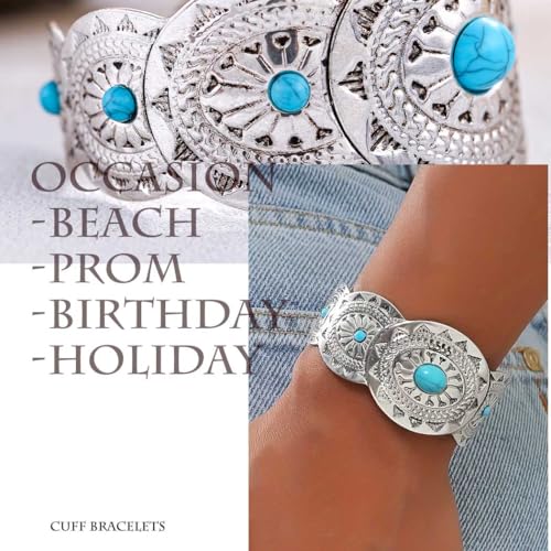 Boho Cuff Bracelets for Women Silver Wide Bracelet Chunky Turquoise Bracelets Western Cowgirl Bangle for Holiday4