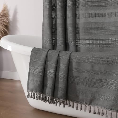 OVZME Boho Shower Curtain 72 Inch Long Modern Farmhouse Rustic Striped Tassel Fabric Shower Curtain for Bathroom Heavy Duty Vintage Country Bathroom Decoration 72Wx72L Inches Charcoal Grey