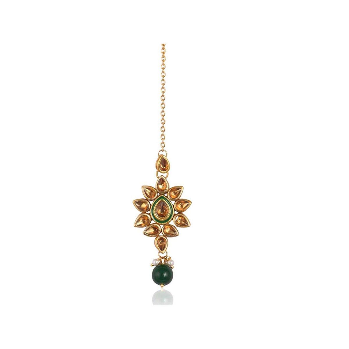 karatcart Traditional Gold Plated Green Beads Brown Kundan Maang-Tikka for Women-picture-41