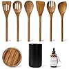Lanzo Design Kitchen Utensil Set, 8 pcs Wooden Cooking Utensils Spatula Set with Ceramic Holder (Black Holder)