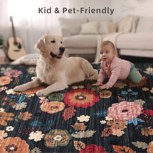 Machine Washable Runner Rug for Kitchen: 2'x6' Hallway Runner Rug Stain Resistant Non Slip Floral Floor Rug with Rubber Backing Non Shedding Soft Carpet Runners for Indoor Entryway Bedroom Bedside