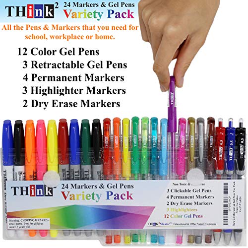 Image of [24 Pack] Think2 Pens & Markers Supply Kit. Includes 3 Highlighter, 4 Permanent Markers, 2 Dry Erase Markers, 12 Color Gel Pens and 3 Retractable gel pens Supplies