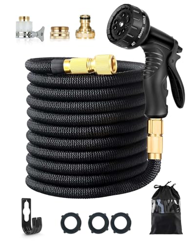 150FT Expandable Garden Hose, Leakproof, Lightweight and Flexible Water Hose with 10-Function Spray Nozzle, 3/4 & 1/2 Solid Brass Fittings, for Gardening, Car Washing, Outdoor Cleaning (Black)