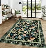 Rugalia Floral Washable 5x7 Area Rug, Boho Birds Black/Green Rugs for Living Room Soft Non-Slip Vintage Flower Bedroom Rug, Low Pile Botanical Indoor Carpet for Nursery Playroom Dining Room
