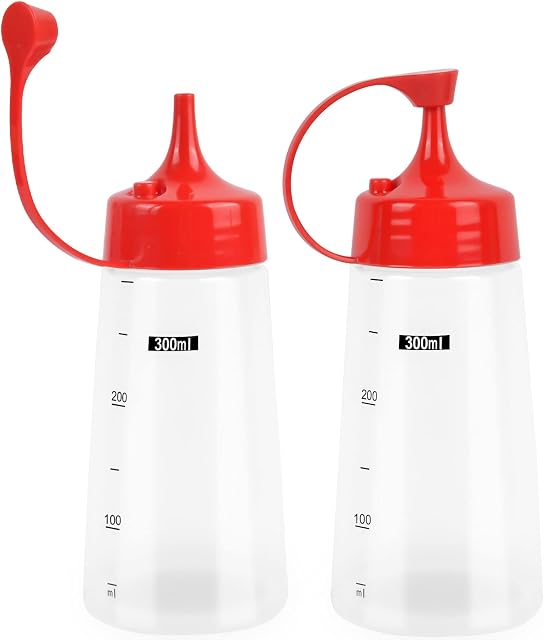 Yasmous 2 Pcs 10.5oz Plastic Graduated Squeeze Bottle, Squeeze Bottles with Caps Squeeze Condiment Bottles Squeezy Dispenser Bottles, for Oil, Sauce, Ketchup, Ketchup, Mayonnaise, (300ml, White