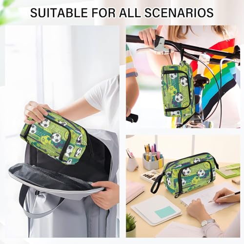 Image of Ball Soccer Green Print Pencil Case Pouch Big Capacity Pencil Bag Box Organizer Pen Case with Compartmens Stationery Organizer for Girls Boys Women School College Office