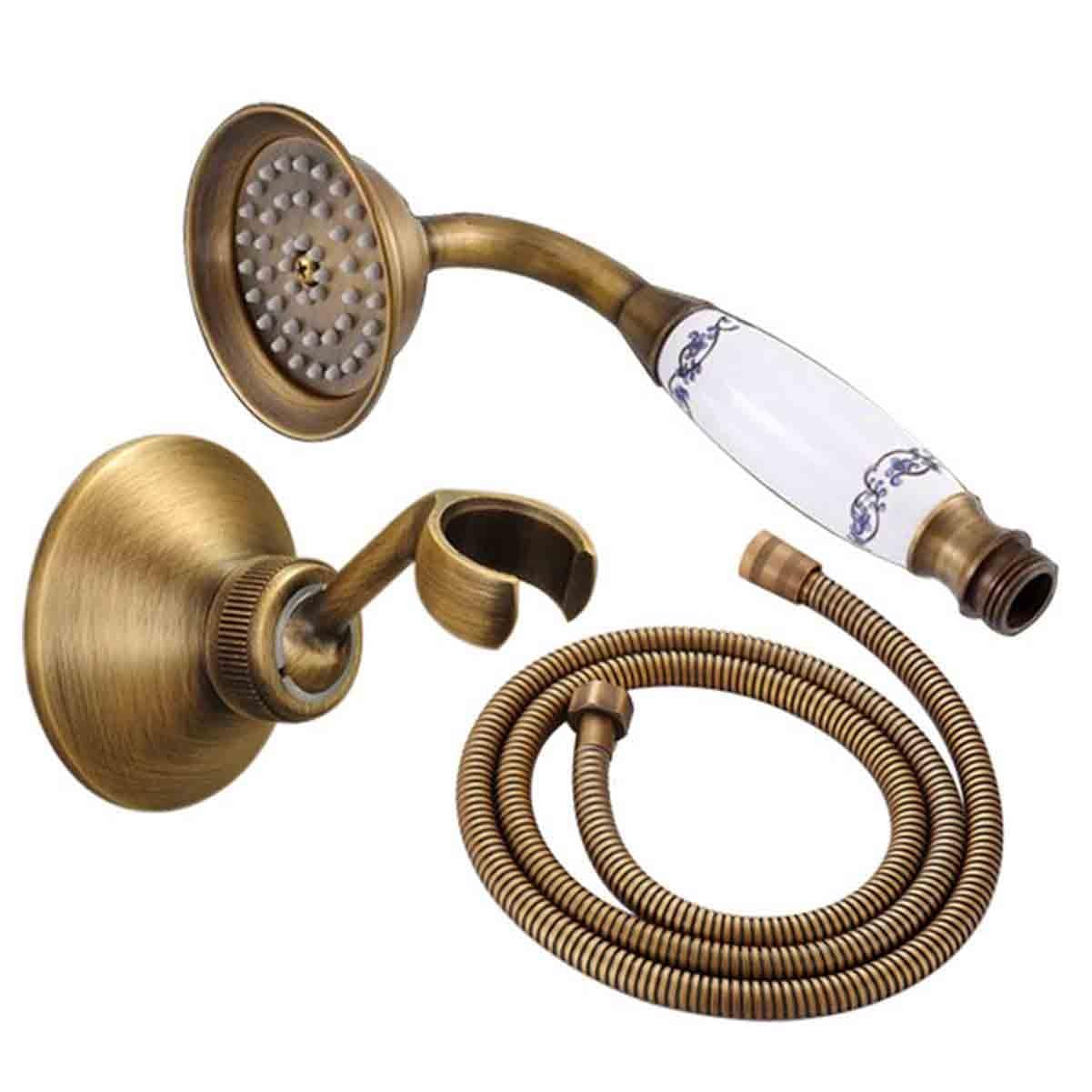 Vintage mosiężny ręczny prysznic z ceramicznym uchwytem, tradycyjna słuchawka prysznicowa w stylu telefonu, wąż 150 cm, antyczna armatura prysznicowa do łazienki (Combo 1)