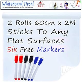DSL 2 Rolls Thick DIY Whiteboard Sticker 200cm x 60cm Self Adhesive Chalkboard Paper 23.6" x 78.7" Dry Wipe Wall Sticker Wall Paper with 3 Free Eraser Markers for School/Office/Home/Bar