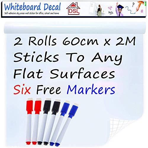 DSL 2 Rolls Thick DIY Whiteboard Sticker 200cm x 60cm Self Adhesive Chalkboard Paper 23.6 x 78.7 Dry Wipe Wall Sticker Wall Paper with 6 Free Eraser Markers for School/Office/Home/Bar…