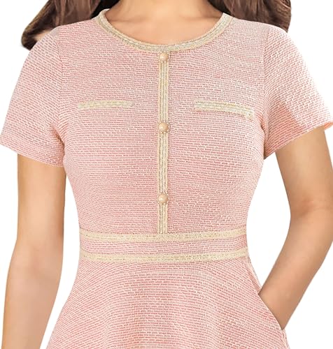 Image of VFSHOW Womens Buttons Pockets Office Business A-Line Dresses Short Sleeve Work Crew Neck Tweed Trim Fit and Flare Swing Dress
