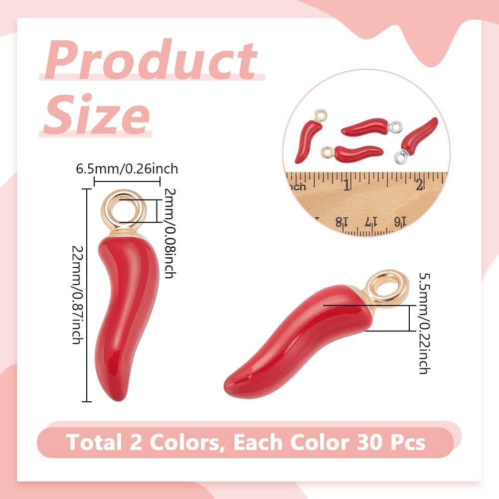 AHANDMAKER 60Pcs 2 Color Alloy Enamel Red Chili Pepper Charms Fiery Resin Charm Pendants with Loop, Vegetable Dangle Pendant Bulk Lucky Horn Shape Jewelry Charm for DIY Craft Jewelry Making - Image 2