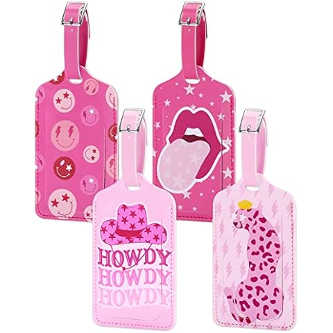 4PCS Luggage Tags for Suitcase Cute Preppy Bag Tag with Privacy Cover Address Card Pink Faux Leather Smiling Face Leopard Lips Howdy Y2K Kidcore Aesthetic Travel Essentials Gifts for Women Teen Girls Cover