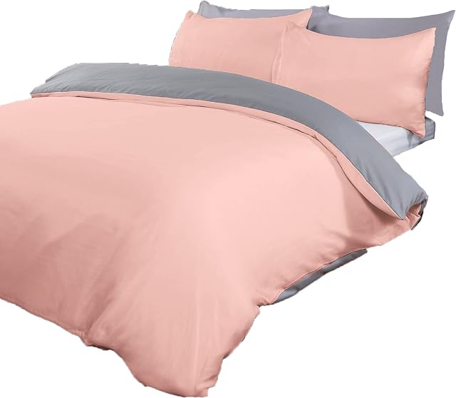 Brentfords Plain Dye Duvet Cover with Pillowcase Reversible Quilt Bedding Set, Blush Pink Grey - Superking