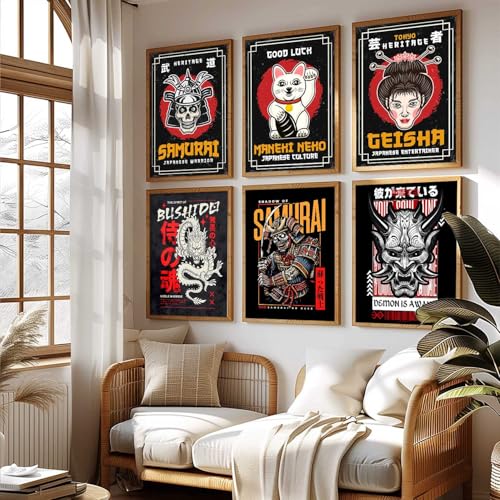 Image of HOTHOUSE Japanese Samurai Art Wall Framed Posters | Aesthetic Japanese Theme Framed Poster for Living Room Bedroom Gaming Room Studio Wall Decor Set Of 6 (13X17 inch)