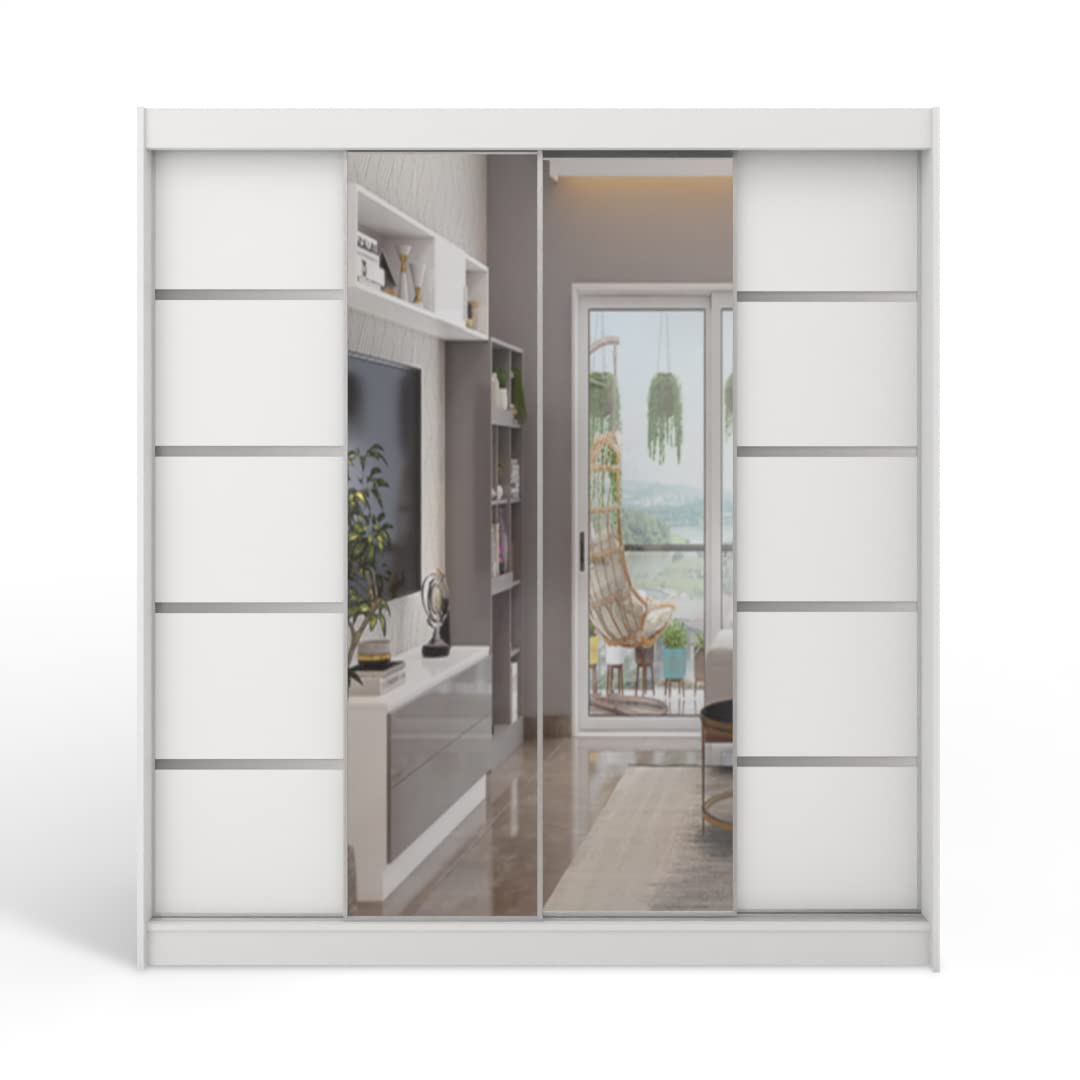 ML Furniture C5 Schiebetüren Kleiderschrank 150 x 200 x 58 cm mit Spiegel - Schlafzimmermöbel, Aufbewahrung - Mehrzweckschrank - Farbe: Weiß - 2 Schiebetüren