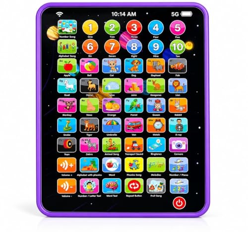 Image of Learning Pad for Preschoolers & Toddlers 2Y+ | 14 Interactive Functions, Phonics, Alphabets, Numbers, Transport & Animal Sounds | Educational and Early Developmental Toy (Purple)