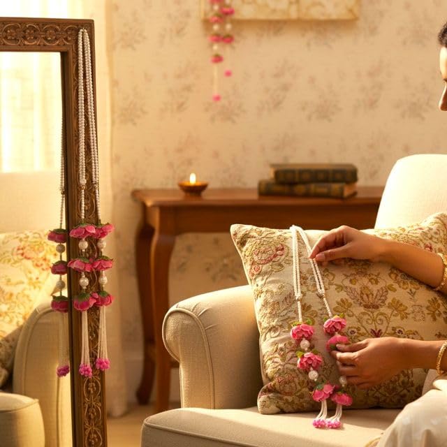 Image of Rajasthan Kraft Pack of 2 Artificial Pearl & Rose Welcome Mala (25 Inch) Elegant White Bead Haar with Pink Floral Accents for Weddings, Milni Ceremonies, Festivals, and Traditional Guest Welcoming