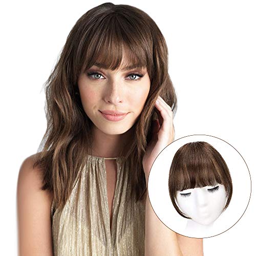 HANYUDIE Clip in Bangs 100% Human Hair Bangs Fringe Real Human Hair Flat Neat Bangs with Gradual Temple One Piece Hairpiece for Women(Medium Brown)