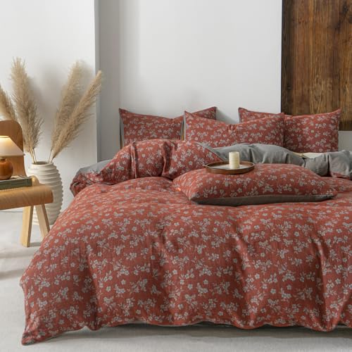 Image of VM VOUGEMARKET Vintage Floral Duvet Cover Set King,Rust Red Double Layer Gauze Cotton Bedding, Soft Breathable Comforter Cover with Zipper Closure,3 Pieces