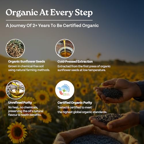 Image of Organic India Sunflower Oil, 1000ml | Lab Tested on 250+ Parameters | Certified Organic| Cold Pressed Oil with Natural Flavours and Aroma | Extracted from Organically Grown Sunflower Seeds