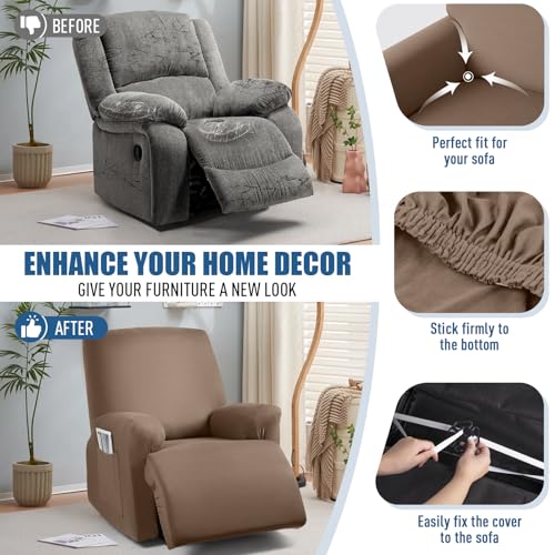 Image of TAOCOCO Stretch Recliner Chair Covers 3-Pieces Solid Furniture Covers Recliner Cover for Reclining Chair Slipcovers Feature Fitted Soft Washable Recliner Sofa Covers (1 Seat, Light Coffee)