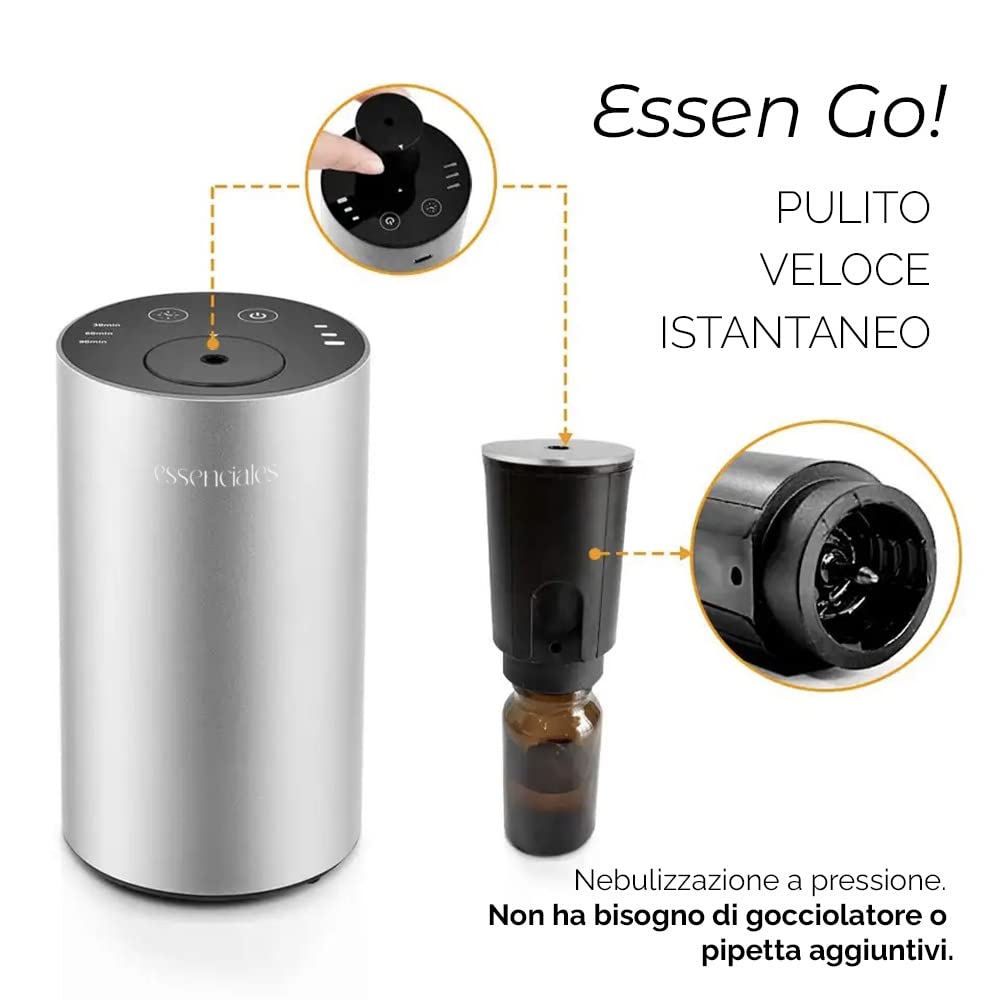 Profumatore Auto ESSENGO con Oli Essenziali - Fragranza Naturale e Durevole, Regola l'Intensità a Tuo Piacimento - Senza acqua né cavi, include 2x10ml di Limone ed Eucalipto.