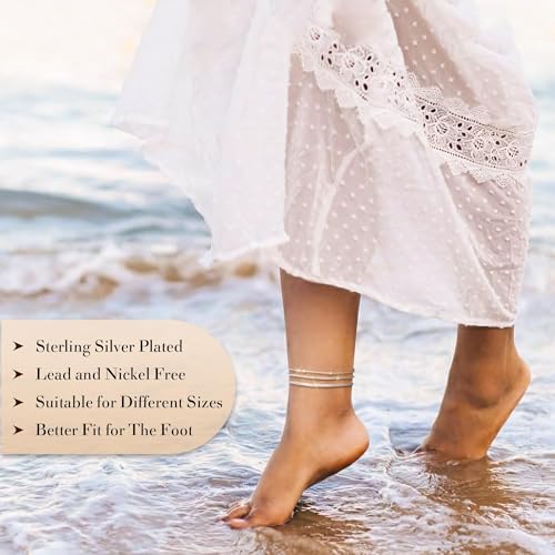 Image of Kenivira Sterling Silver Ankle Bracelets for Women,Gold Dainty Layered Waterproof Anklet for Women, Anklet Set Stackable Beach Gift Adjustable Size