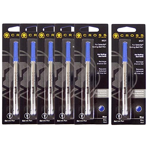 Pack of 6 Cross Rollerball Refills Medium Tip Blue Ink Crossaa