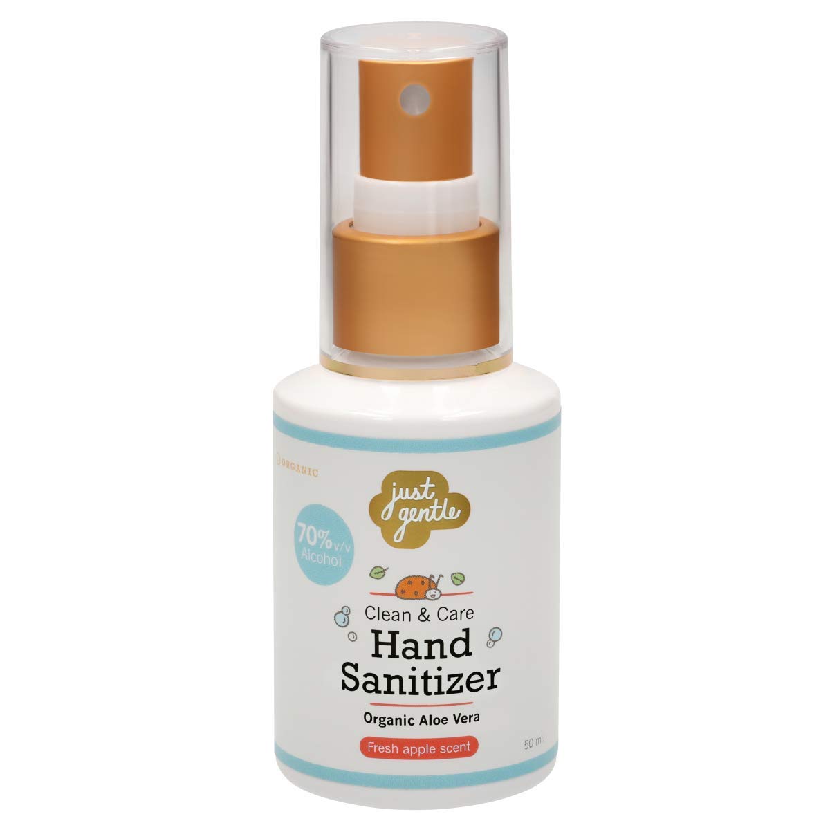 Just Gentle Hand Sanitizer Spray 50 ml | 70% Alcohol, Kills 99.99% of Germs, Gentle on Sensitive Skin, Moisturizing with Aloe Vera and contains a refreshing apple scent.