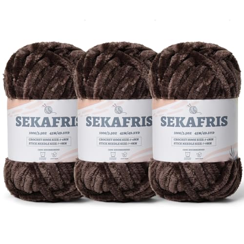 Image of Fuzzy Chunky Chenille Yarn for Crocheting,Soft Plush Yarns for Hand Knitting,Bulky 3x100g(3x49.2 yd) Baby Blanket Yarn for Crocheting Amigurumi,Crochet Fluffy Velvet Yarns (Coffee Color)