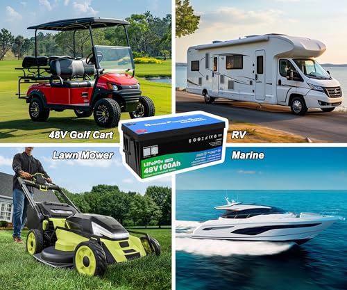 Image of 48 Volt 100Ah Lithium Golf Cart Battery, 48V LiFePO4 Battery with 10A Charger, Gauge, 200A BMS, 4000+ Cycles, 4.8 kWh Energy, Perfect for Golf Cart, RV, Marine, Lawn Mower