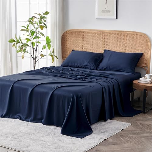 Sijo AiryWeight Tencel Sheet Set, 100% Lyocell Derived from Eucalyptus, Buttery Soft, Architectural Digest 2022 Best Cooling Sheets Winner - 4pc - 2 Pillowcases 1 Fitted 1 Top (Sapphire, Cal King)