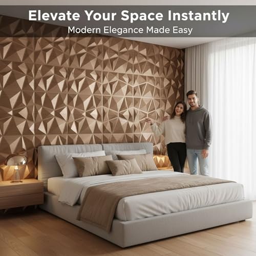 Image of Kayra Decor Wall Panels for Bedroom - PVC Diamond Design, Gold Color 19.7 inch X 19.7 inch (Pack of 12) - Covers 32.34 Sq. Ft.