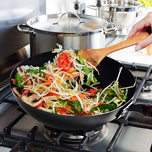Cooking Wok Pan Nonstick, Hammered Wok and Stir Fry Pans with Wooden Handle, Frying Wok Carbon Steel Flat Bottom, Chinese Iron Pot for Cooking (12 Inch)