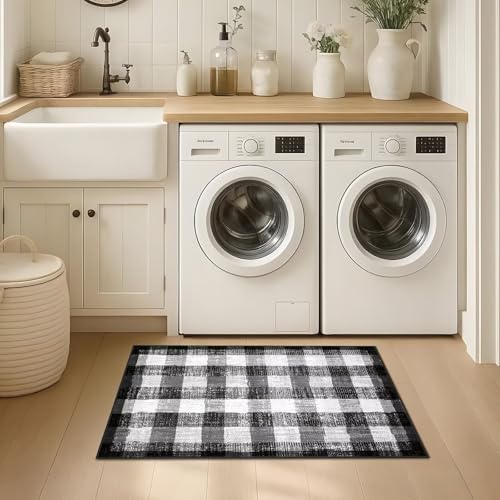 Image of Checkered Area Rug, 2x3, Black and White | Washable, Non Slip, Modern Neutral, For Living Room Bedroom Office Patio Dining Room