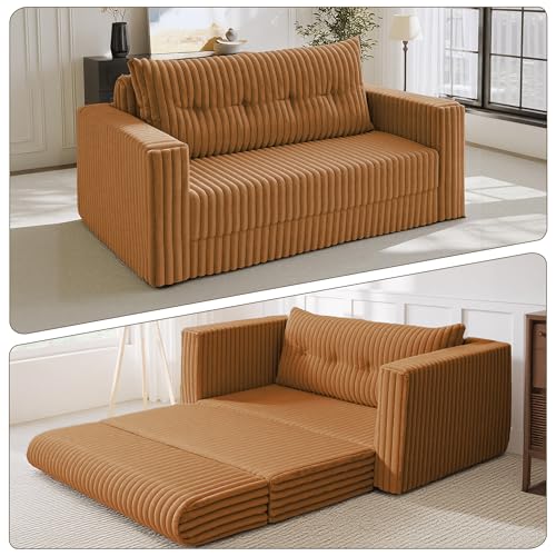 Image of HABUTWAY Folding Sofa Bed, 2 in 1 Convertible Sleeper Chair with Pillow, Portable Fold Out Chair Bed with Armrest, Comfy Floor Couch, Lazy Sofa for Living Room Bedroom Dorm Home Office, Orange