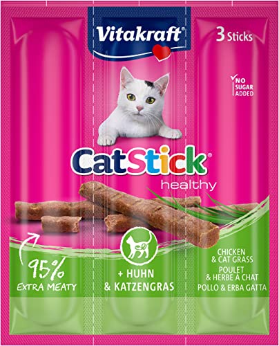 Vitakraft Cat Stick Healthy, Katzensnack, fleischige Mini-Sticks, mit Huhn und Katzengras, zur Unterstützung der Verdauung, in Vorratsgröße, ohne Zusatz von Zucker (20x 3 Stück)