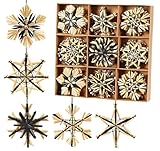 Anstore 36pcs Xmas Natural Straw Ornaments, Black & Natural Straw Snowflake...
