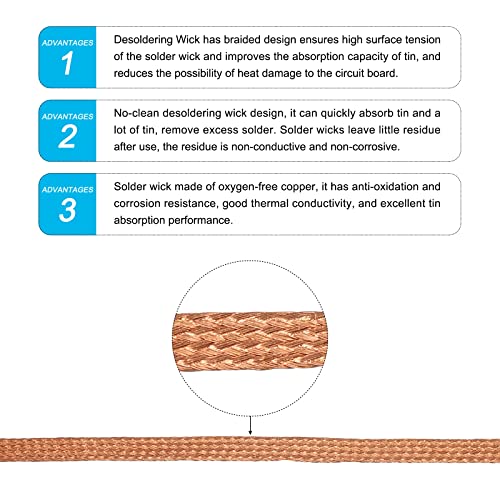 Image of MECCANIXITY Solder Wick Braid No-Clean Desoldering Wick Braid 0.14 Inch Width 4.92 Feet Length for Remove the Solder Electrical Components 5 Pack