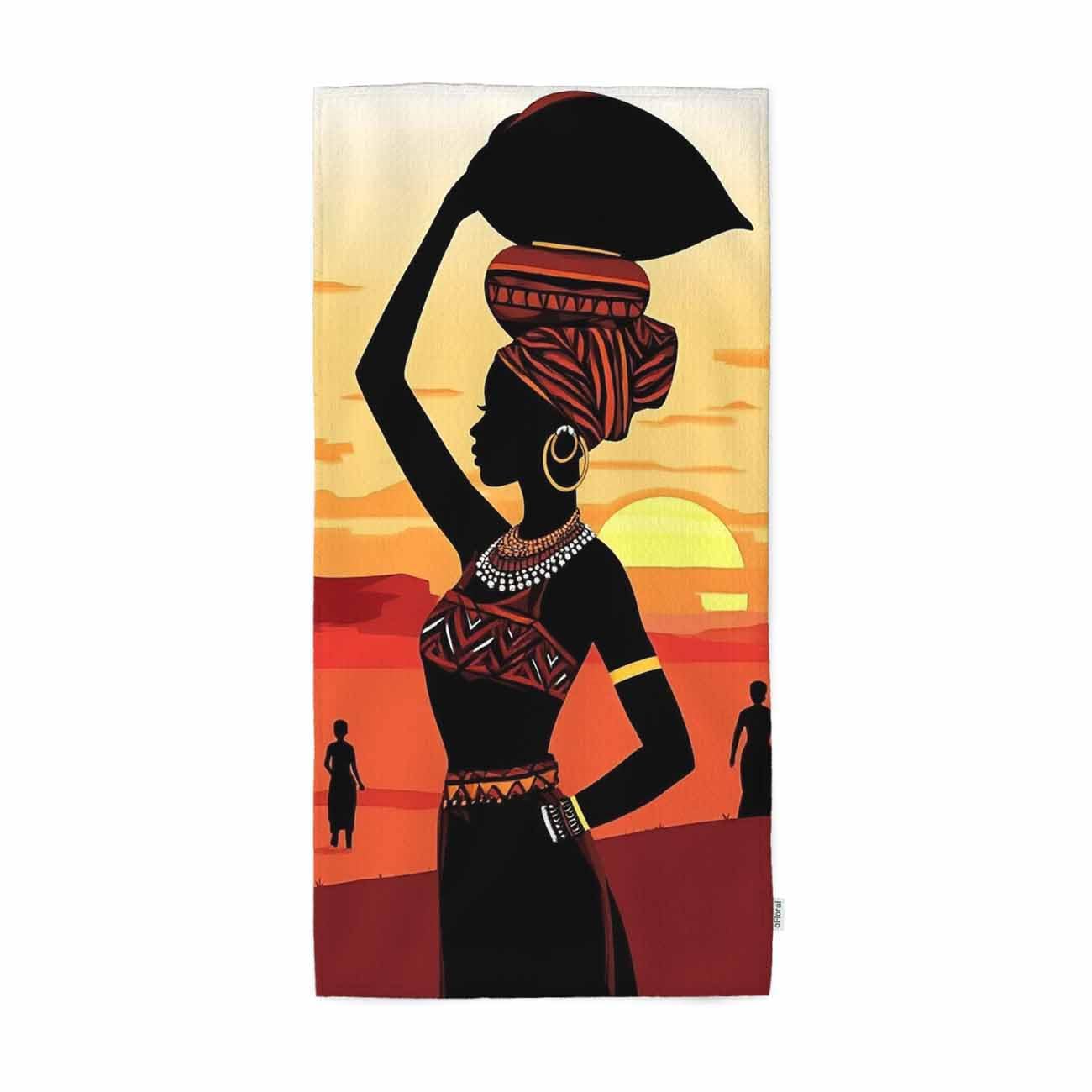 oFloral African Women Painting Art Hand Towels Cotton Washcloths,Woman Walking On The Sunset Desert Soft Absorbent Towels for Bath/Yoga/Golf/Hair/Face